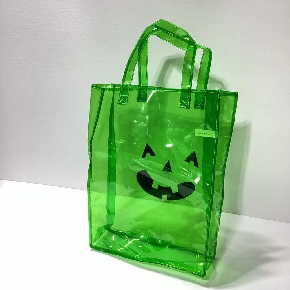 Vinyl Trick Or Treat Tote With Jack O Lantern Face Clear Green Large